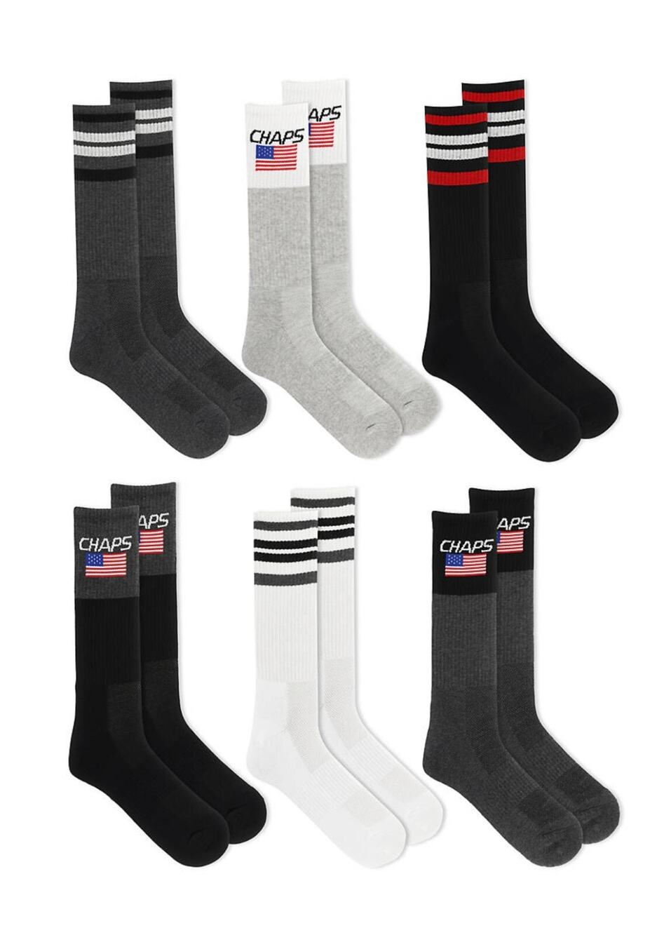 NEW Chaps Men’s Athletic Crew Socks 6 Pairs Arch Support Black Shoe Size 6-12.5